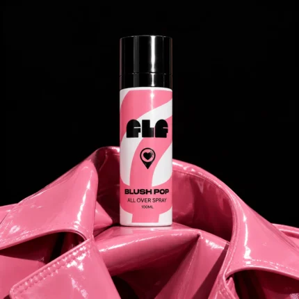 FLF BLUSH POP all over spray 100ML on pink patent leather, black background