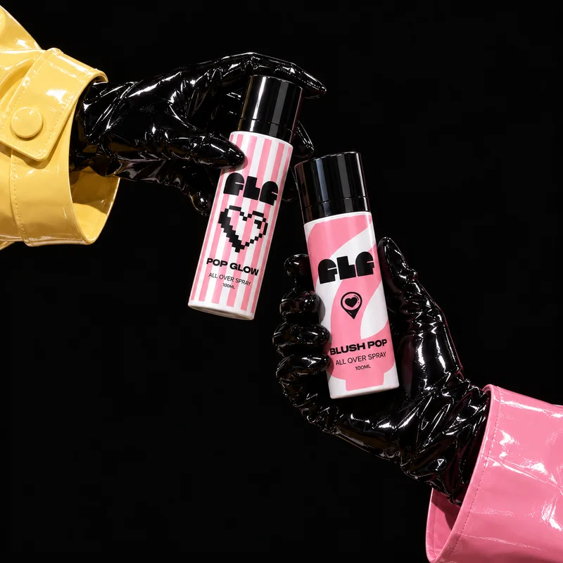 FLF POP GLOW and BLUSH POP held in black patent gloves
