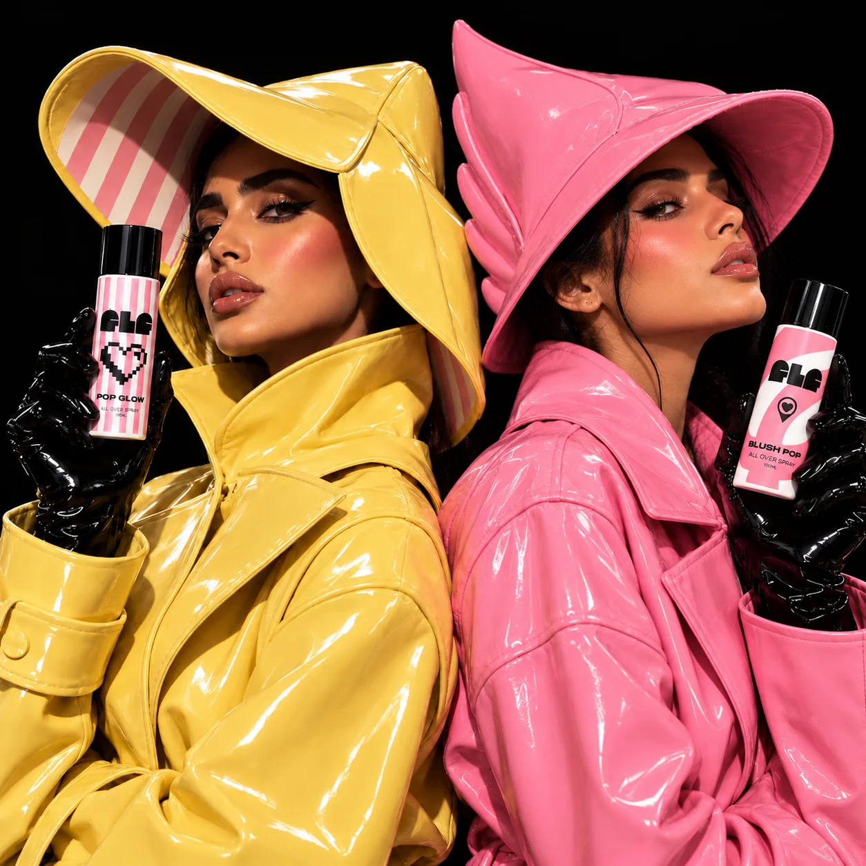 FLF POP GLOW and BLUSH POP campaign models in yellow and pink patent coats