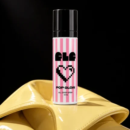 FLF POP GLOW all over spray 100ML on yellow patent leather, black background
